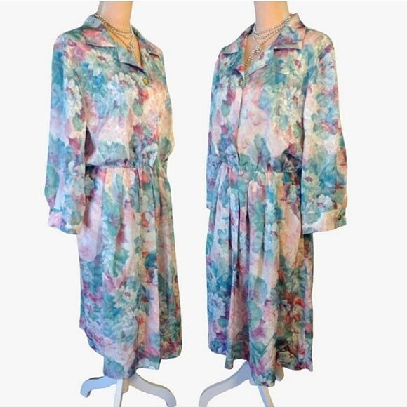 VTG 80s Colorful Floral Satin Long Sleeve Midi Dress Size 16P *fits like Medium - Picture 7 of 13